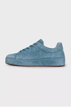 Blue suede sneakers with perforations