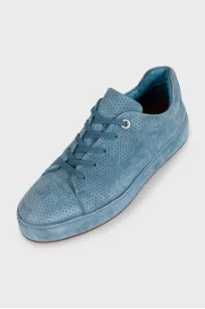 Blue suede sneakers with perforations