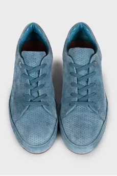 Blue suede sneakers with perforations