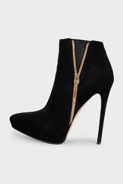 Black suede ankle boots with heels and embellishments