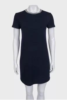 Blue wool dress with a decorated collar