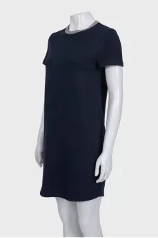 Blue wool dress with a decorated collar