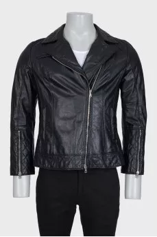 Men's black leather jacket with tag