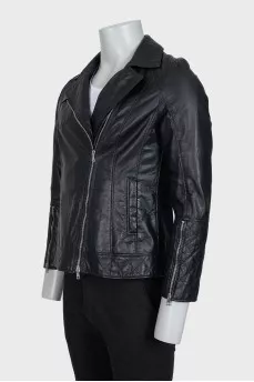 Men's black leather jacket with tag