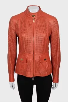 Leather jacket with perforation and zipper