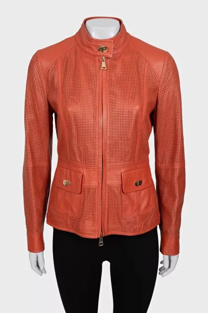 Leather jacket with perforation and zipper