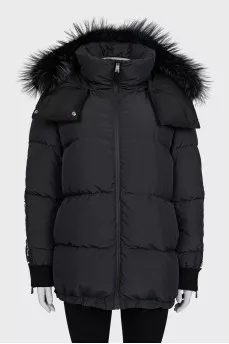 Black down jacket with stripes on the sleeves