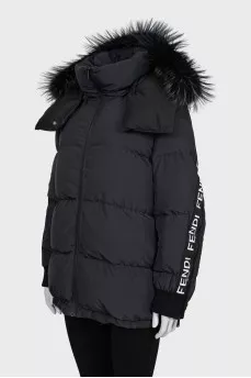 Black down jacket with stripes on the sleeves