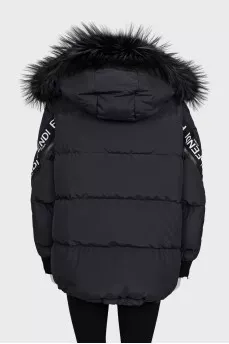 Black down jacket with stripes on the sleeves