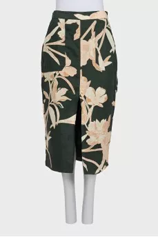 Linen green suit with a printed skirt