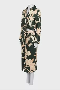 Linen green suit with a printed skirt