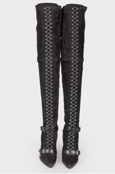 Suede over the knee boots with weaving