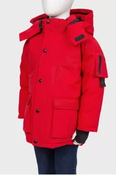 Children's red down jacket with a hood