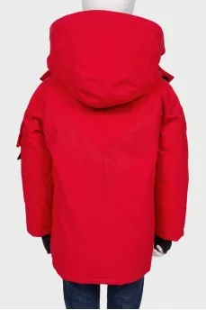 Children's red down jacket with a hood