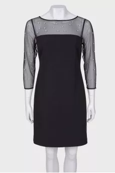 Dress with translucent sleeves and pearls