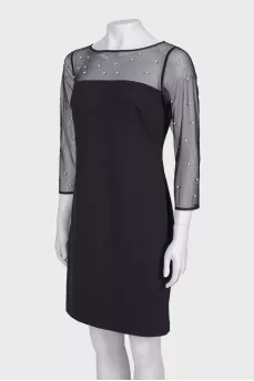 Dress with translucent sleeves and pearls