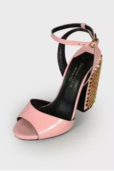 Heeled sandals with metal rhinestones