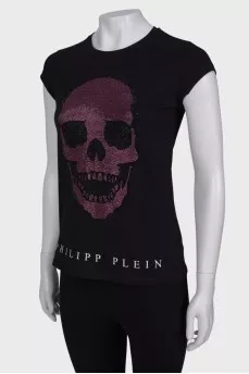 T-shirt with pink skull appliqué