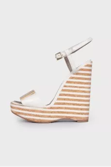 Striped high wedge sandals