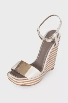 Striped high wedge sandals