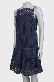 Denim openwork dress with a tag