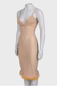 Translucent feather dress with tag