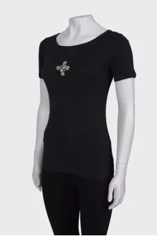 Black T-shirt with rhinestone embroidery