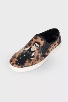 #dgfamily Leopard Leather Slip-Ons