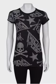T-shirt with rhinestones and skulls
