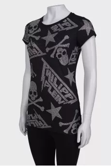 T-shirt with rhinestones and skulls