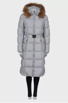 Gray quilted down jacket with belt