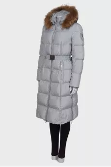 Gray quilted down jacket with belt