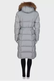 Gray quilted down jacket with belt