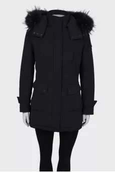 Black and blue down jacket with a hood