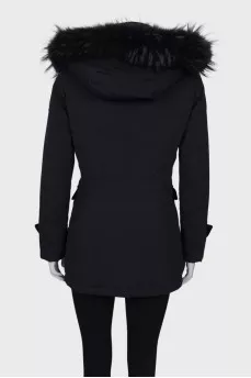 Black and blue down jacket with a hood