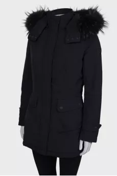Black and blue down jacket with a hood