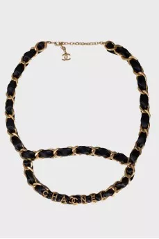 Ремінь 20C Letter Logo Black Leather Gold Chain
