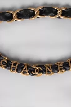 Ремінь 20C Letter Logo Black Leather Gold Chain