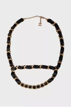 Ремінь 20C Letter Logo Black Leather Gold Chain