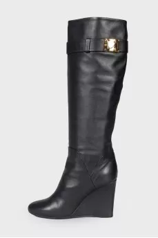 Black leather wedge boots