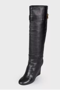 Black leather wedge boots