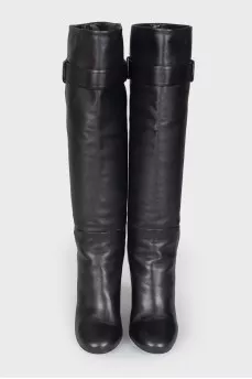 Black leather wedge boots