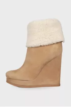 Beige suede wedge boots
