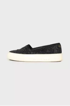 Suede slipons with rhinestones