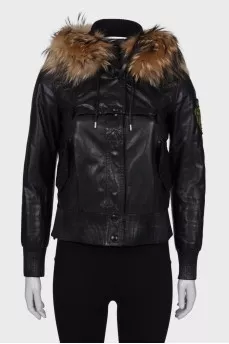 Leather jacket with fur hood