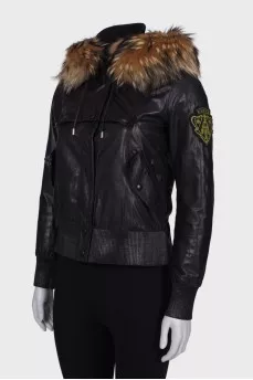 Leather jacket with fur hood