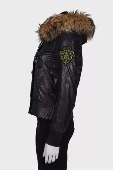 Leather jacket with fur hood