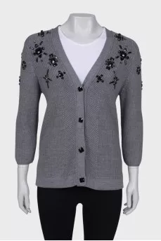 Wool cardigan with black rhinestones