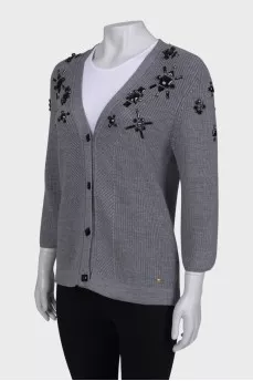 Wool cardigan with black rhinestones