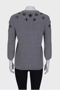 Wool cardigan with black rhinestones